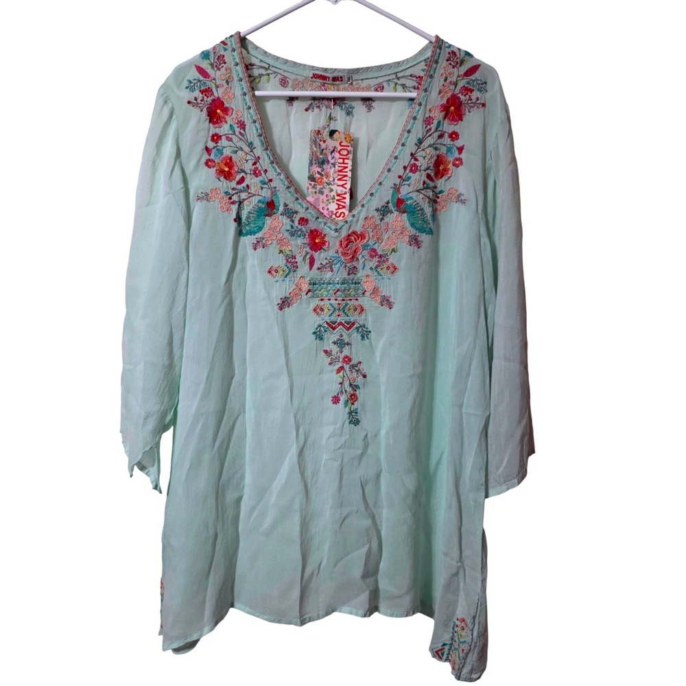 Johnny Was Women XXL Tunic Mint Green Embroidered Boho Peasant Cupra Rayon Top